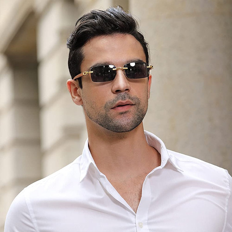 Rectangle Fashion Rimless Sunglasses for Women Men Gangster 90s Frame